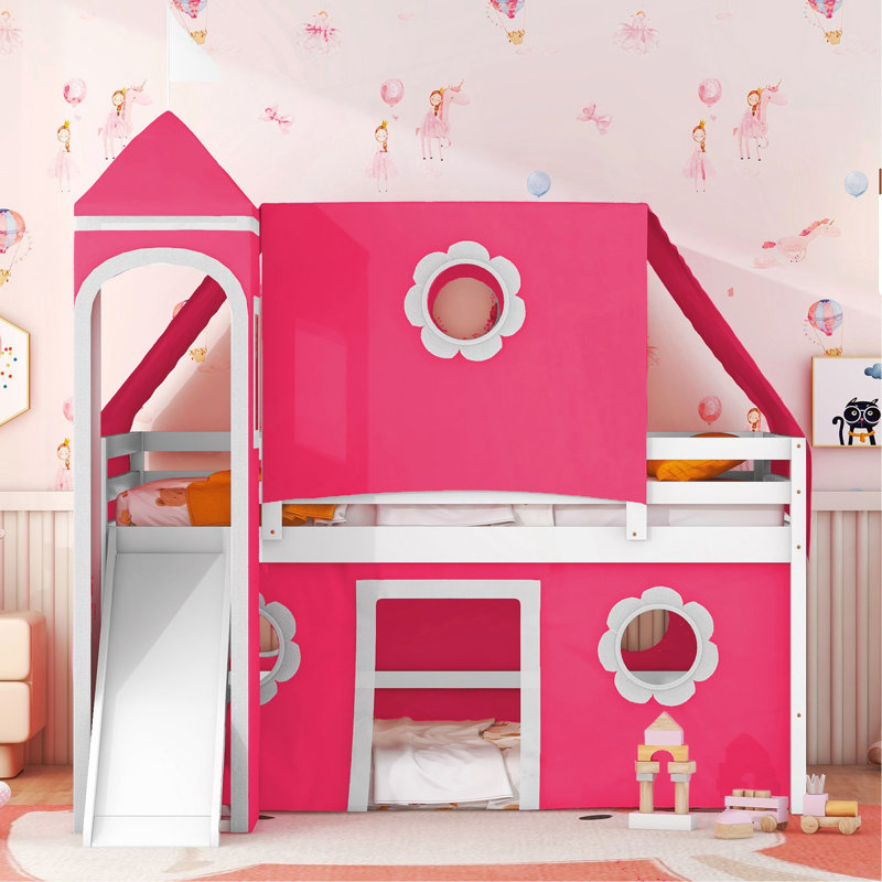 Lit mezzanine double avec tente et tour Slide - Rose