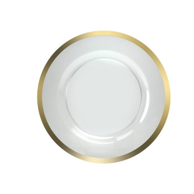Plat de présentation rond transparent de 13 pouces avec rebord doré Ecoqualité - Élégant, jetable, décoratif rond en plastique pour les dîners, les événements et les vacances - Ensemble de table durable et jetable pour assiettes (8)