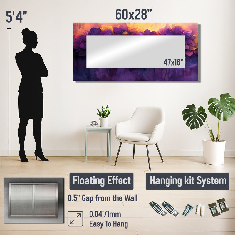 Dahlia vif lavande Dreamscape I - art mural miroir floral - imprimé sur métal, 28 po x 60 po