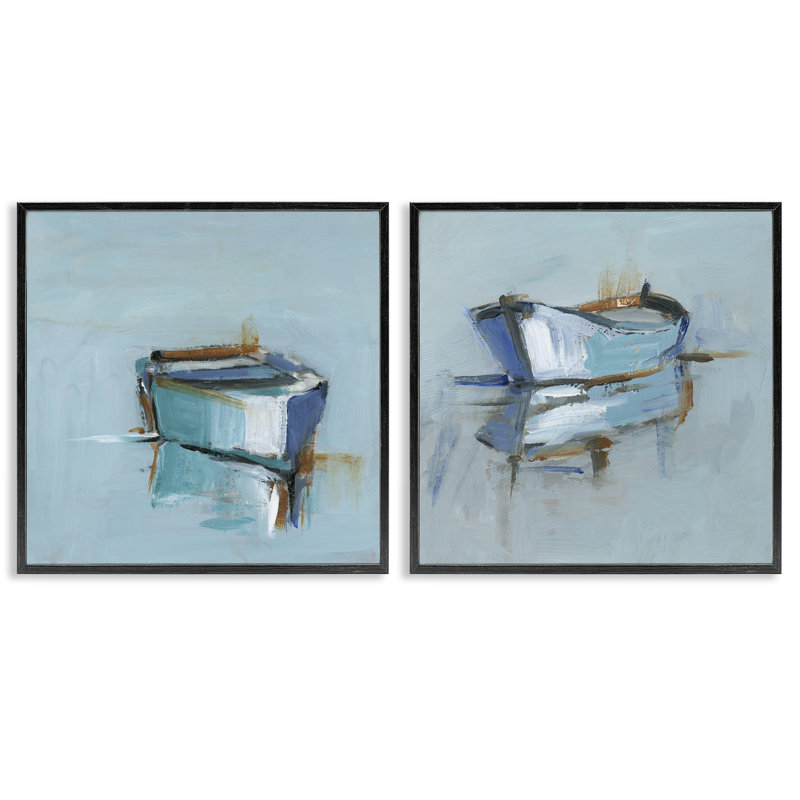 Ensemble de 2 giclées Calm Boat Reflection, par Ethan Harper, H 12 po x l 24 po, Giclée encadrée noir minuit