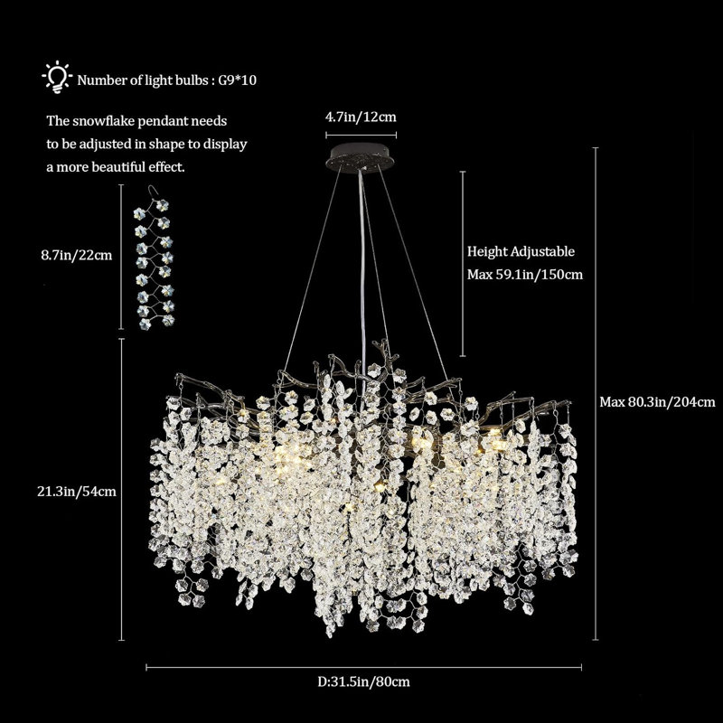 Lustre moderne en cristal K9, Noir mat, 10 lumières, H 17,72 po x l 31,49 po x P 31,49 po 