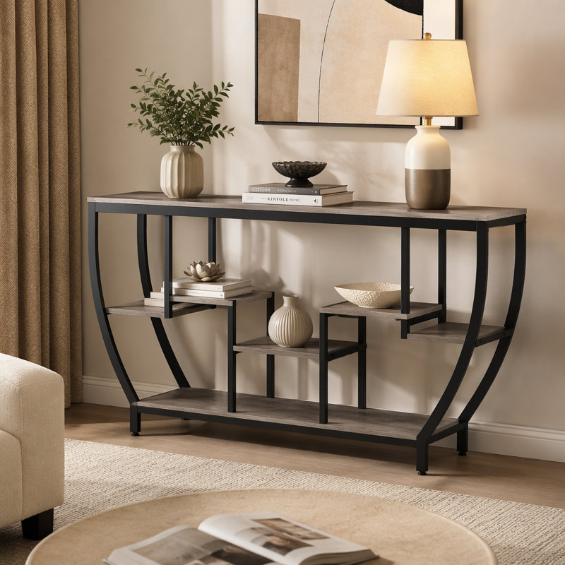 Console industrielle, table d'entrée de 70,9 pouces avec étagères, Gris / Noir, Gray