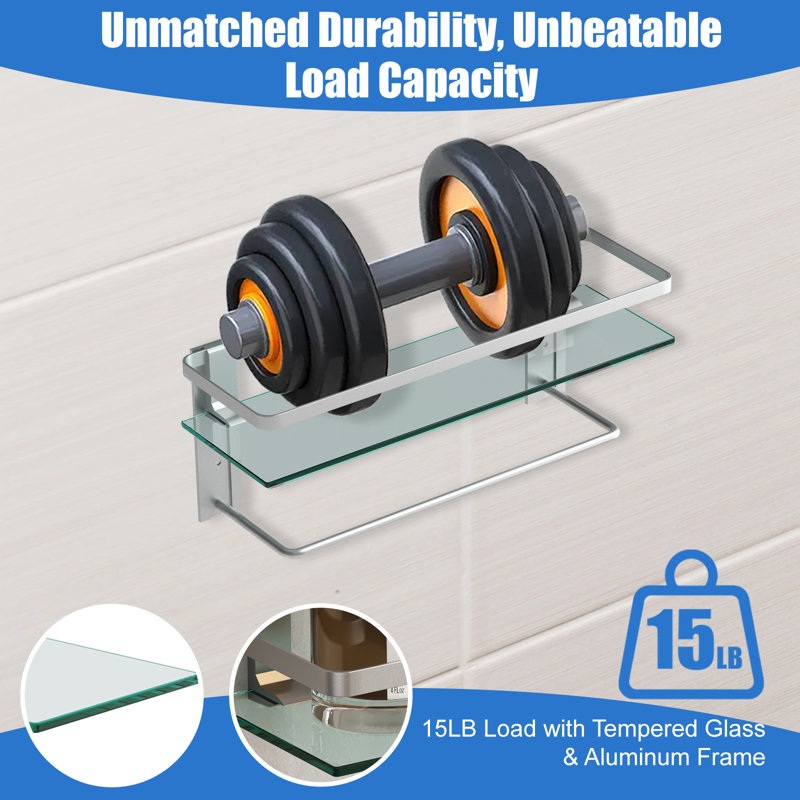 2-tier Tempered Glass Shelves - 15.7 Inch Wall-mounted With Towel Rack, Rustproof Frame, Silver