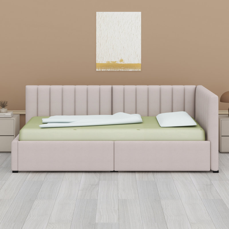Upholstered Daybed With 2 Storage Drawers, Beige