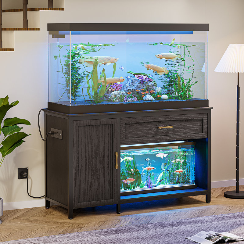 Support d'aquarium avec station de charge, support d'aquarium à DEL noir avec armoires, support d'aquarium rectangulaire avec tablettes réglables