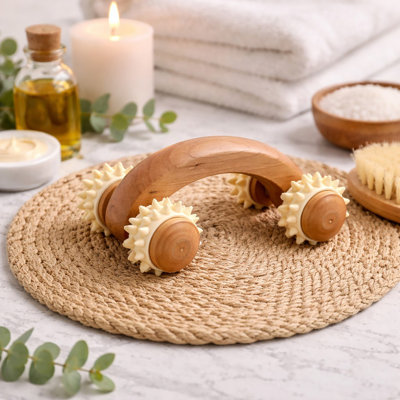Rouleau de massage portatif en bois naturel - Quatre rouleaux à pointes