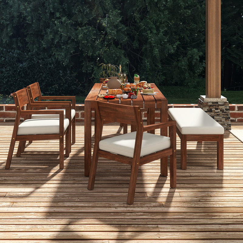 Ensemble de table de salle à manger 6 pièces pour ensemble de mobilier d'extérieur avec trou pour parasol | Chaises et banc avec coussins amovibles (moka et beige) |  Table rectangulaire 71 po | Cour, jardin, bord de piscine