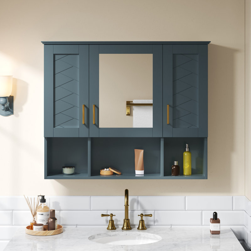  Armoire à pharmacie murale 35 po 2 en 1, rangement pour miroir avec tablettes réglables et fermeture en douceur, bleu, Bleu