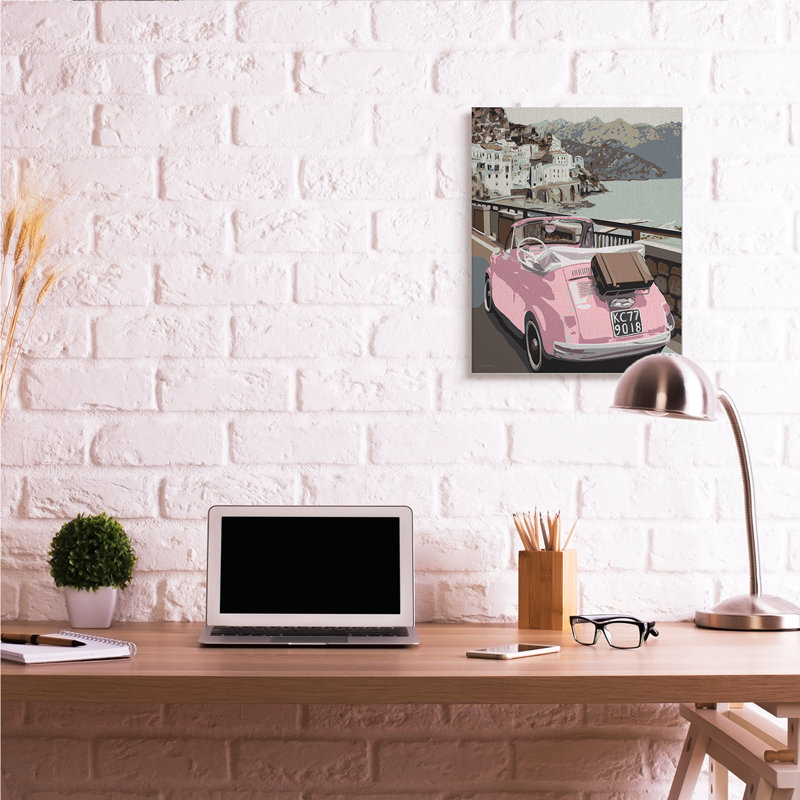 «Pink Car Cliffside Town on Waterfront Road» par Kamdon Kreations - impression, H 30 po x l 24 po, Toile tendue