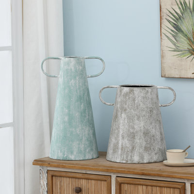 Vintage Metal Vase Set of 2, Rustic Distressed Decorative Flower Vase with Double Handles