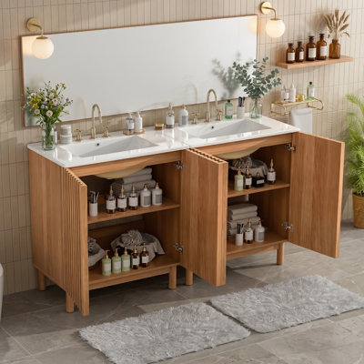Ensemble de meuble-lavabo double 60 po avec plateau en céramique, portes en bois cannelées et charnières à fermeture en douceur 60 po