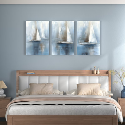 Sailing Boats Abstract Canvas Wrapped Wall Art, Oil Painting Print (Set of 3)