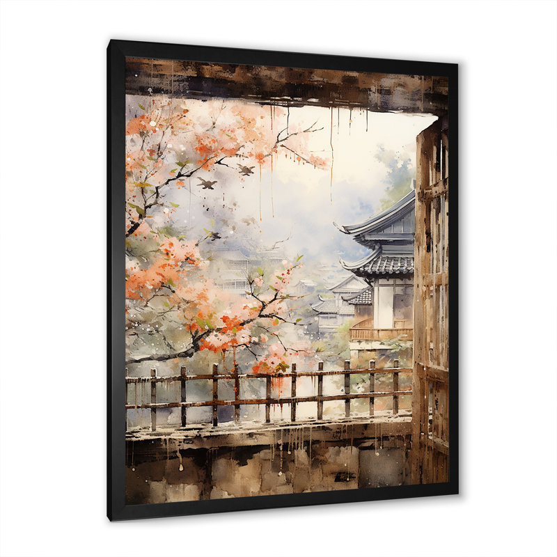 «Beige Window To Osaka II», art mural grand Osaka, Cadre photo noir simple, H 32 po x l 24 po x P 1 po