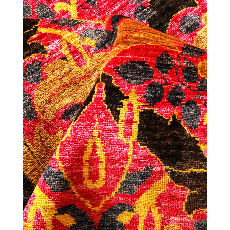 Tapis noir / jaune / rose en laine noué à la main de conception unique 9 pi 1 po x 12 pi 4 po