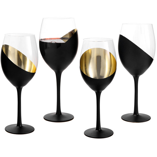 4 clear wine glasses 9'' with thin black swirl line textured