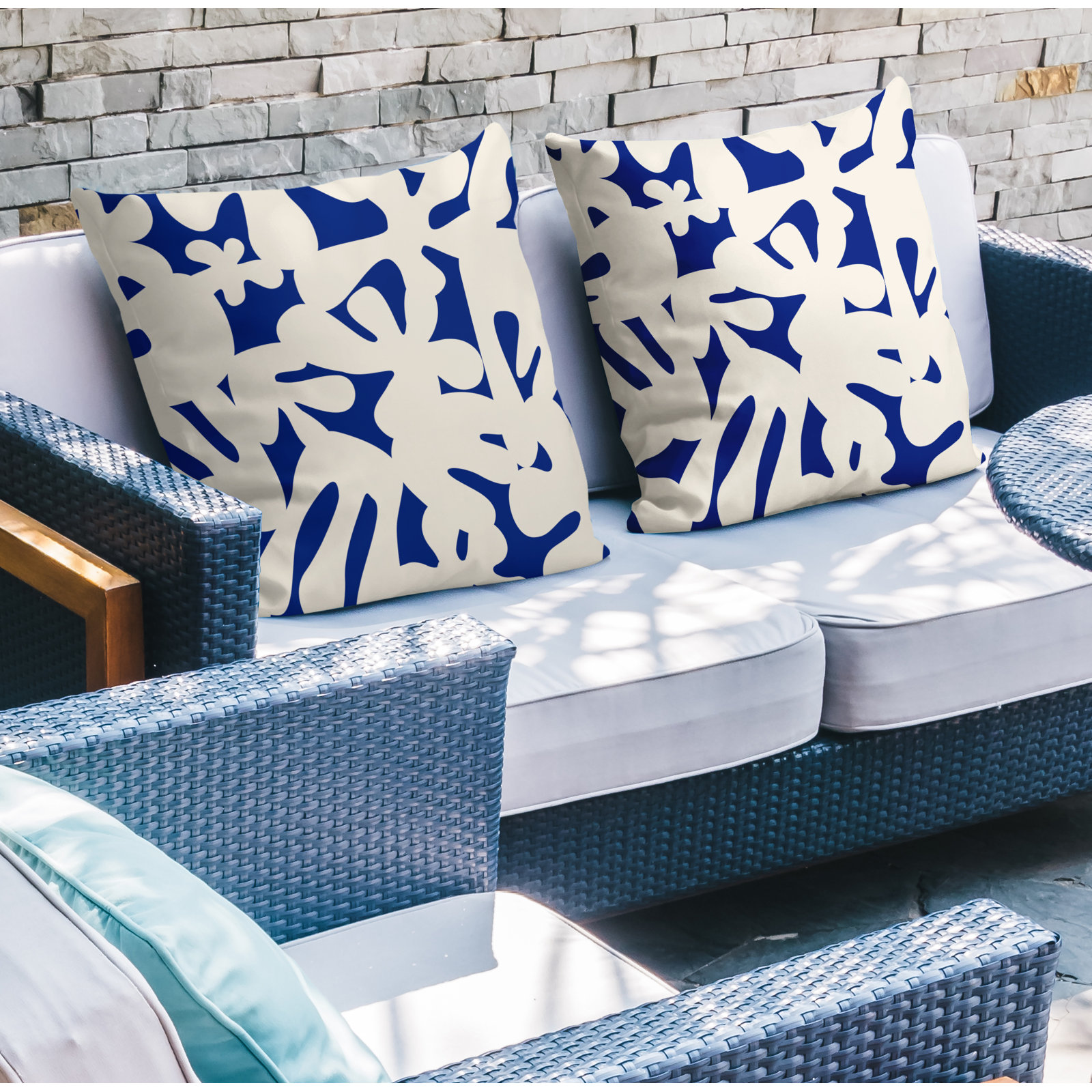 Lara Indoor/Outdoor Throw Pillow, 15" x 15", Navy Blue/Off White