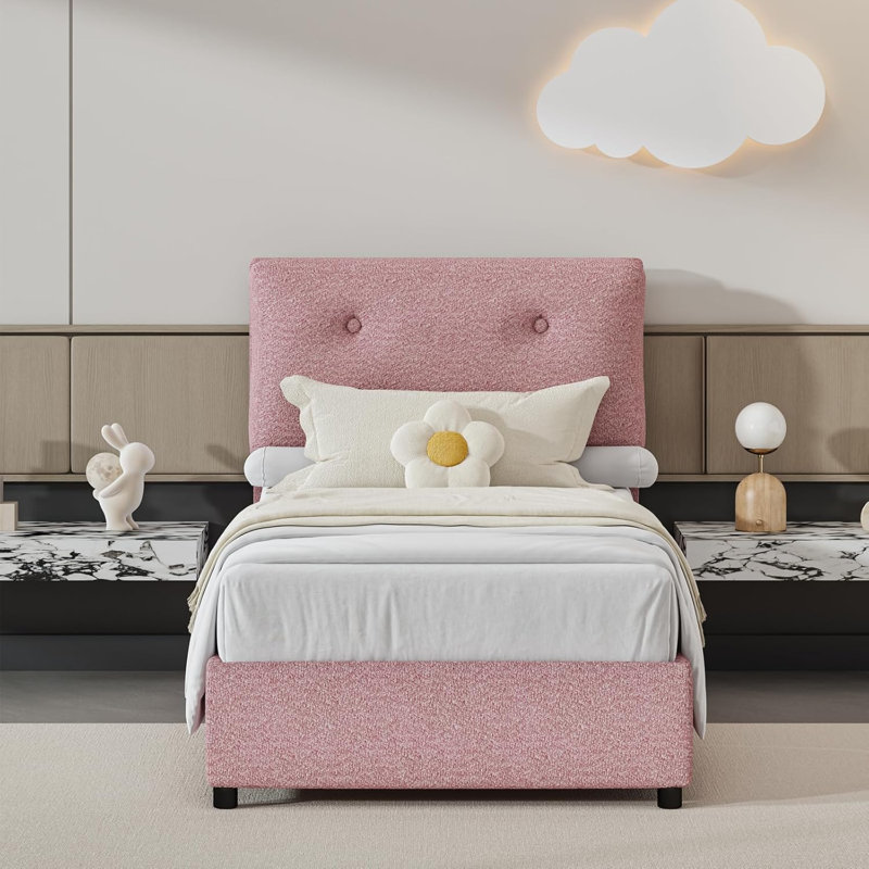 Bed Frames with Headboard, Boucle Bed Frame with Upholstered Headboard, Removable Upholstery, Wooden Slats Support, No Box Spring Needed