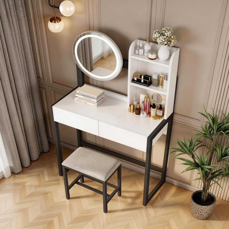 Petit ensemble de coiffeuse avec miroir lumineux et prise de courant, Noir