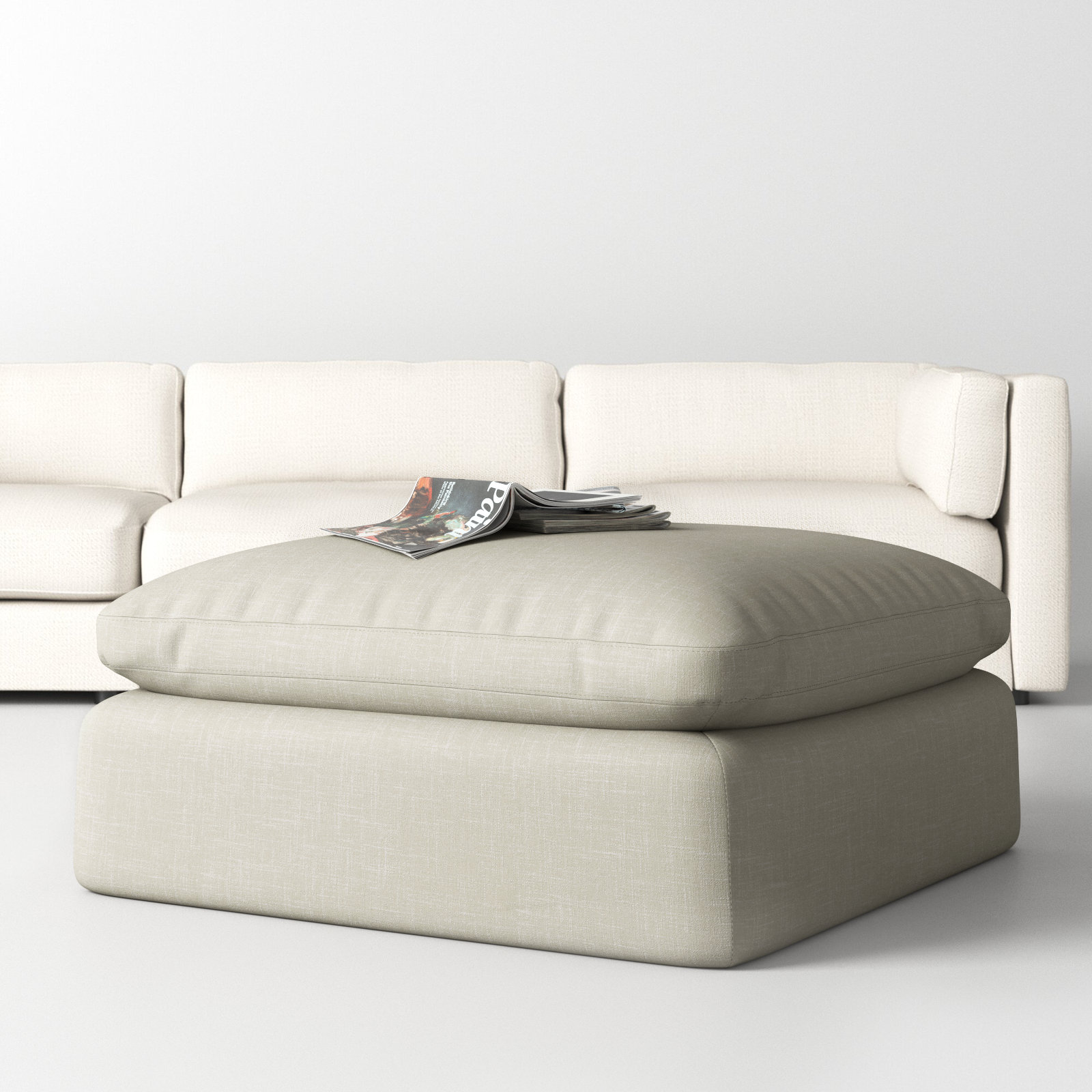Asher 43" Upholstered Ottoman, Effie Linen Performance Linen