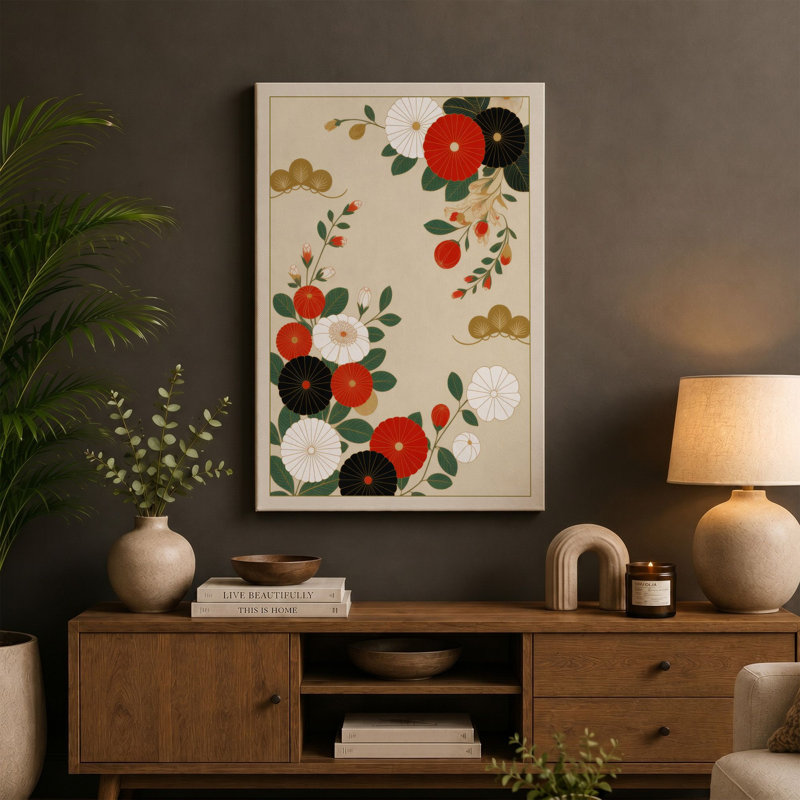 Scattered Blooms Botanical 1 Piece Wrapped Canvas Wall Art, 30x20 - 76.2 x 50.8 cm, Black Border