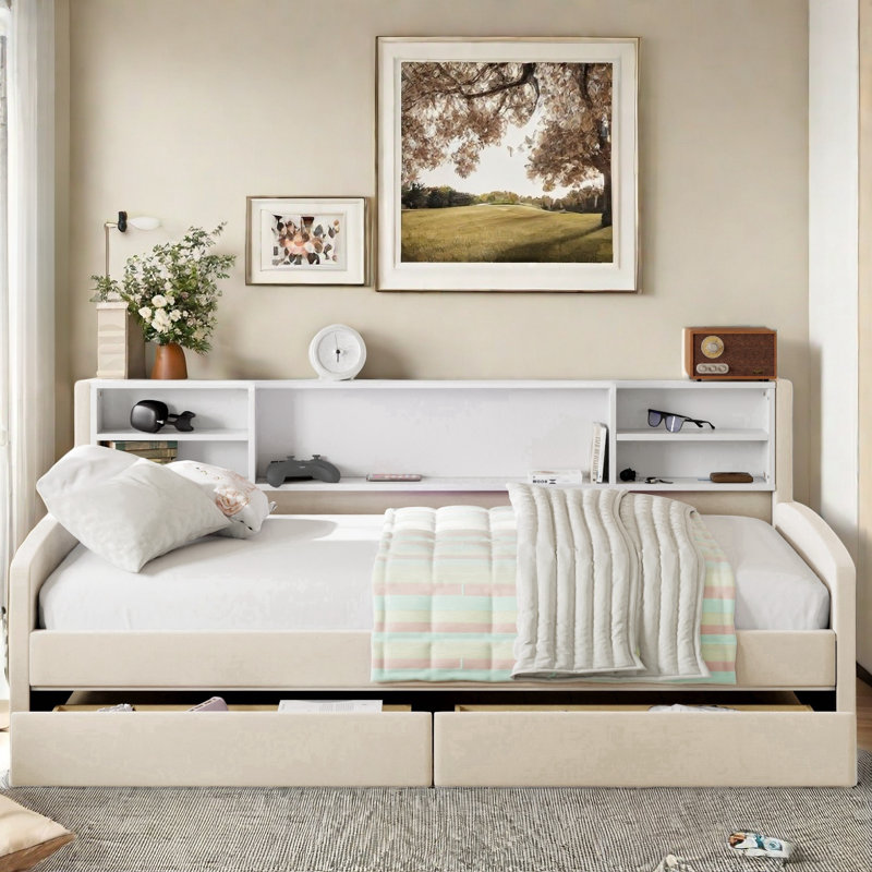 Brayle Daybed With Storage Shelves And 2 Drawers, Beige