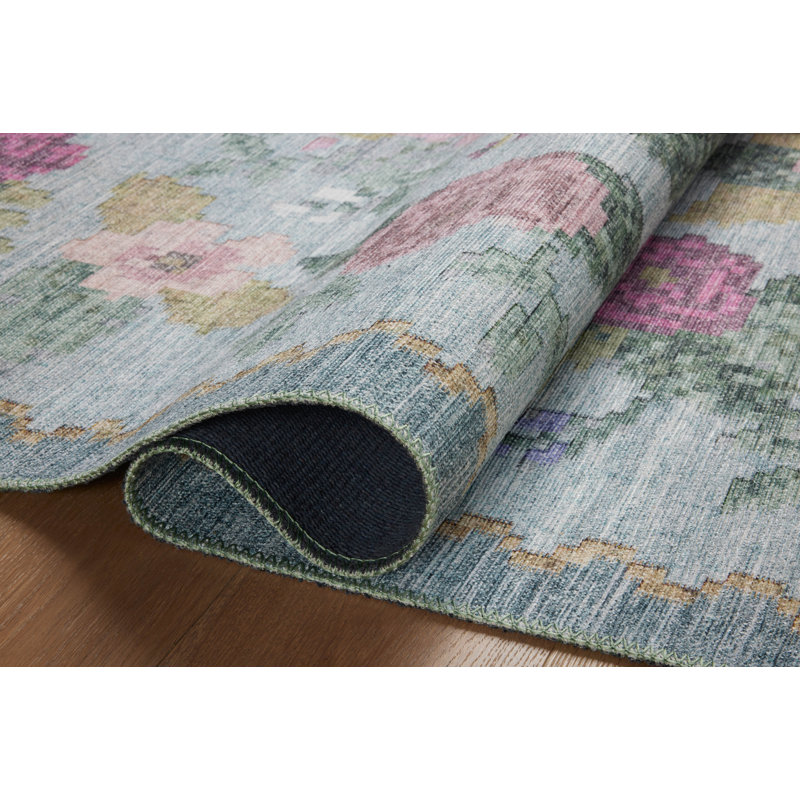 Sky Blue Floral Synthetic Area Rug, 3'-9" x 5'-6"