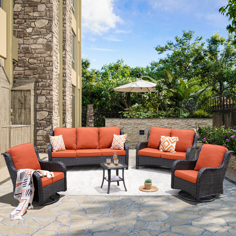 Klodjana Wood Premium All-Weather Wicker 7 - Person Patio Conversation Set with Cushions, Denim Blue, No