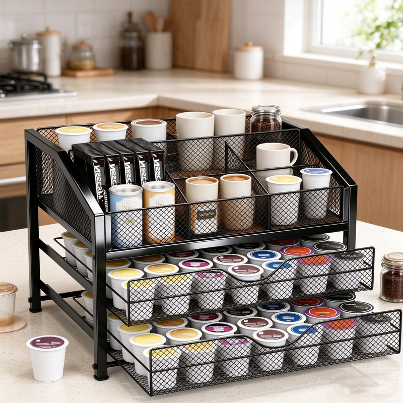 Coffee Bar Organizer with Adjustable Dividers, Metal and Wood Coffee Pod Holder Stand, Multi-Tier Storage for K-Cups, Syrup Bottles, Mugs and Tea Bags