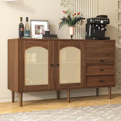 Buffet de style champêtre avec portes en rotin - fermeture magnétique de 51,1 po x 15,7 po x 29,9 po, tablettes réglables, structure robuste - conception élégante et polyvalente