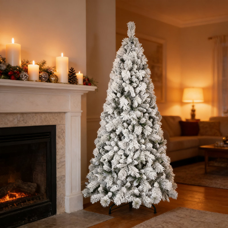 Arbre de Noël enneigé 7 pi, PVC enneigé et branches à aiguilles dures, structure à charnières pour une installation facile, support en métal stable