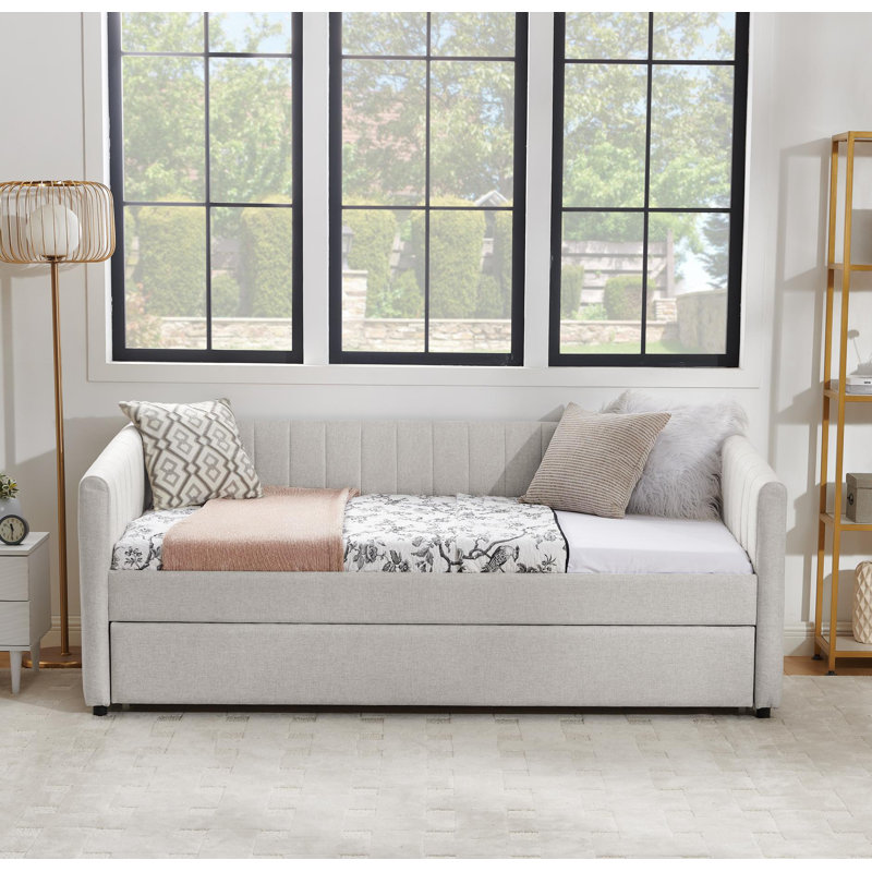 Daybed With Trundle Upholstered Sofa Bed, With Vertical Stripes, Linen Fabric, (82.5"X58"X30"), Beige, Twin