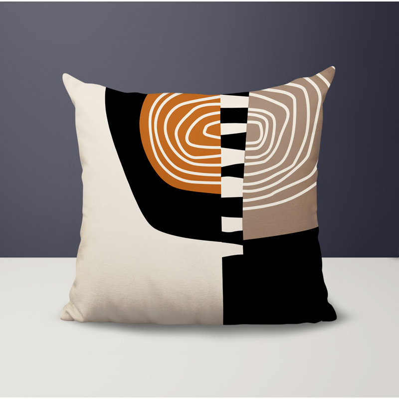 Coussin Marti, H 17 po x l 17 po, Orange brûlé / noir / blanc cassé abstrait