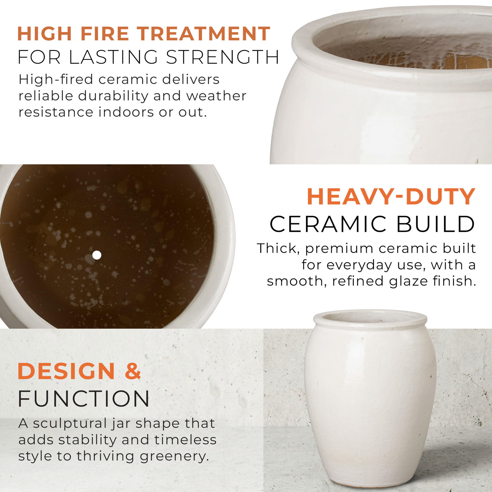 Proberta Ceramic Pot Planter, 20" H x 16" W x 16" D, White