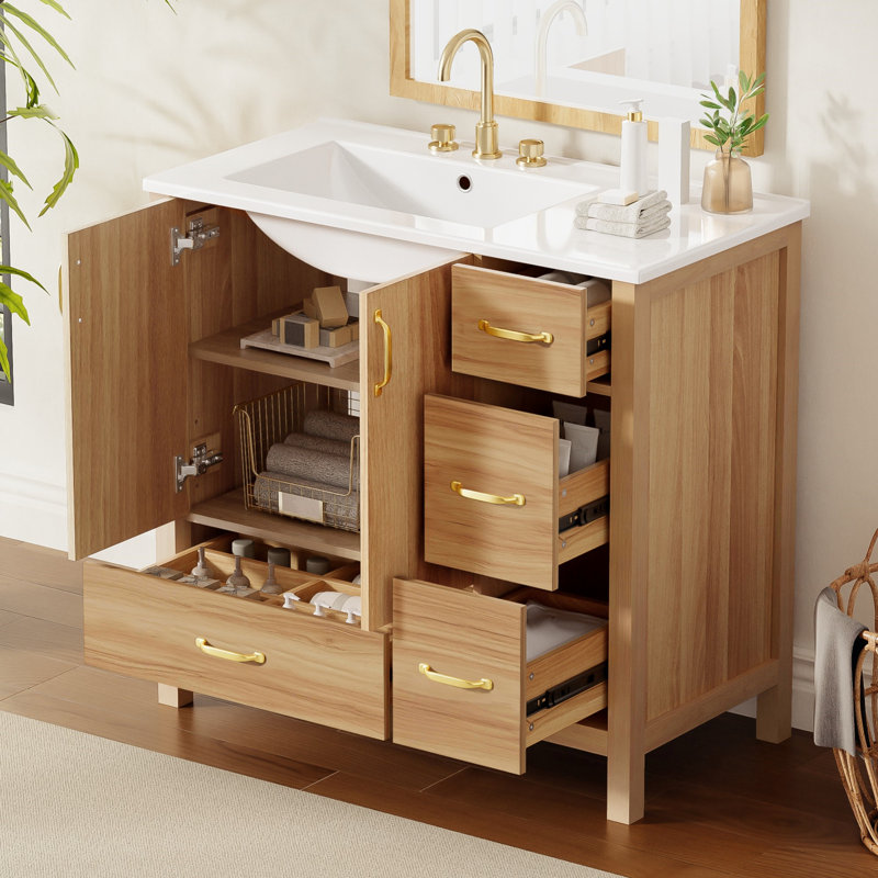 Meuble-lavabo en bois avec tablette réglable, 2 portes à fermeture douce, 4 tiroirs à fermeture douce