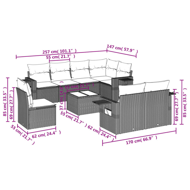 9 Piece Patio Sofa Set With Cushions Poly Rattan, Grey, Navy