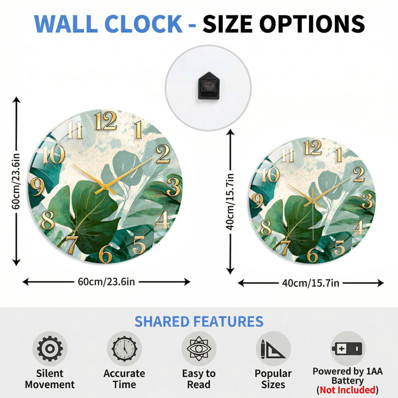"Tropical Leaves", horloge murale en verre, 60 x 60 cm (23,6 x 23,6 pouces)
