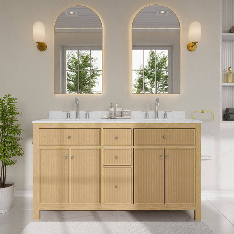 Pendry 60" Freestanding Double Bathroom Vanity with Cultured Marble Top, Brushed Nickel
