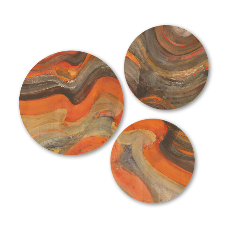 Ensemble d'art mural contemporain en bois Designart «Abstract Gilded Orange Waves» de 3 cercles