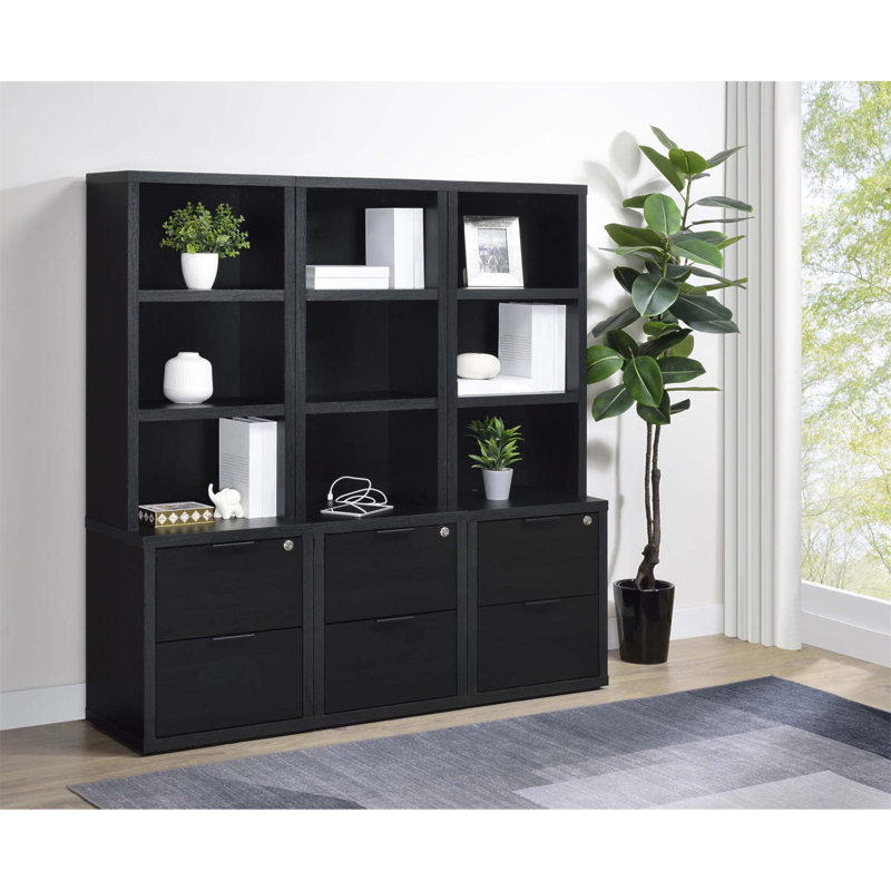 Ensemble de trois bibliothèques polyvalentes avec ports de chargement USB intégrés et tiroirs verrouillables sécurisés pour un rangement moderne