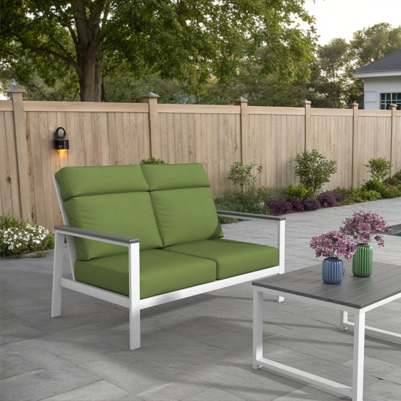 Townsend Metal Outdoor Loveseat With Sunbrella Cushion, Gray, Spectrum Cilantro