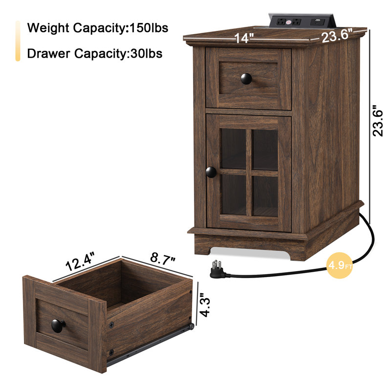 Dark Walnut Rectangular End Table Set with Storage and Charging Station
