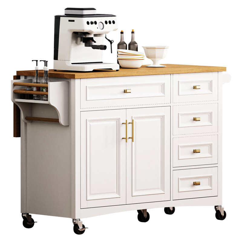 White Kitchen Island With Wheels And Drop Leaf. Pattern, Spice Rack, Towel 2 Doors, 5 Drawers, Adjustable Shelf For Leaf Design. Decoration, Neatness