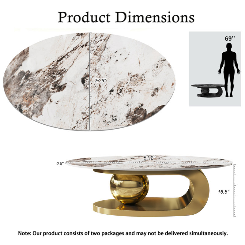 Luxury Oversize 49.2" Oval Coffee Table, Contemporary Center Table, Marble Coffee Table Top with Oversized Sphere Support for Living Room, Stainless Steel Base 