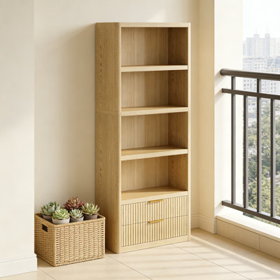 Bibliothèque cannelée moderne avec 4 tablettes et 2 tiroirs, bibliothèque en bois de 79 pouces de hauteur pour le rangement et la présentation dans le salon, la chambre à coucher ou le bureau