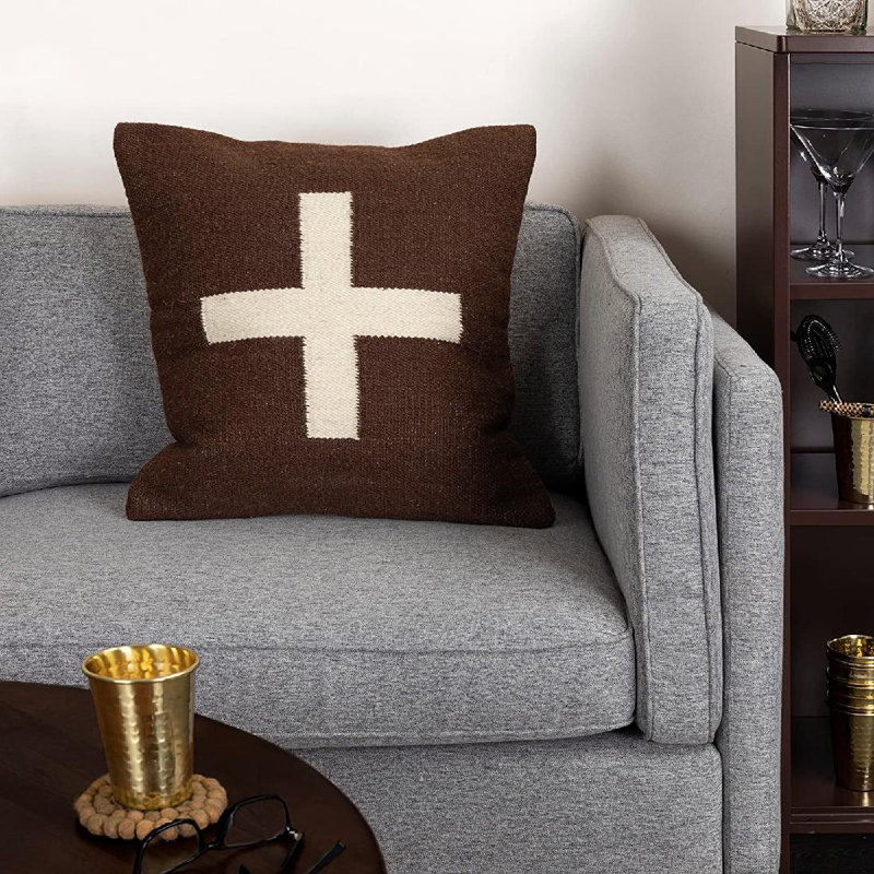 Swiss Cross Cotton Wool Throw Pillow, Brown/Cream