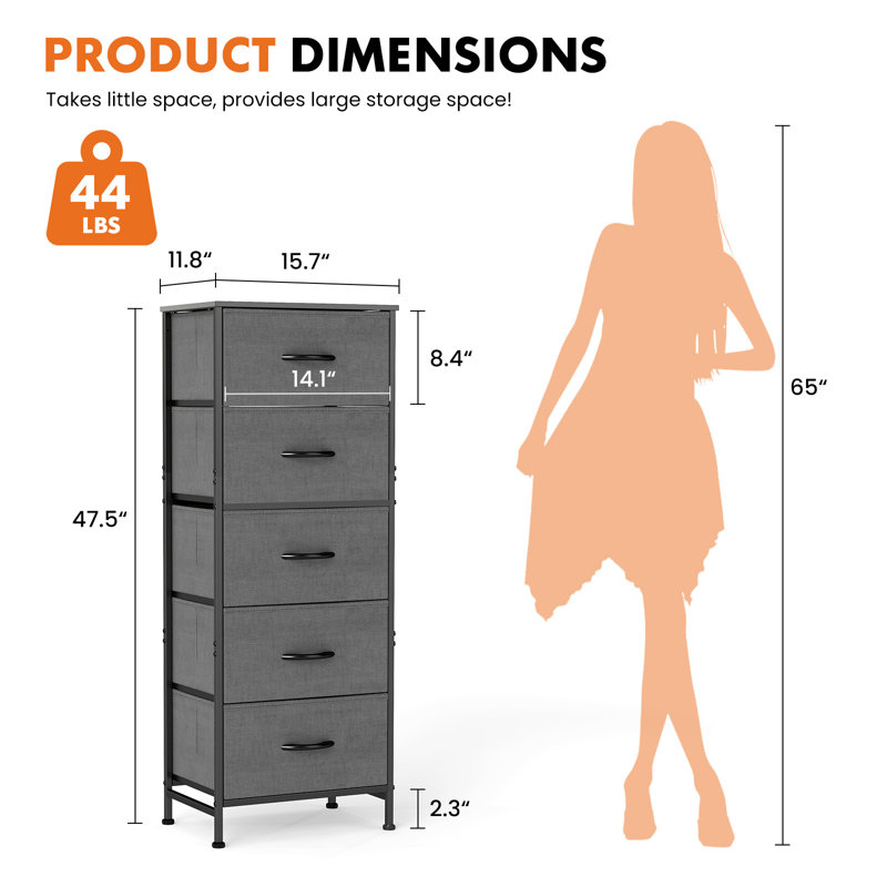5-Drawer Fabric Dresser, Vertical Storage Chest with Wood Top, Tall Storage Organizer, Gray