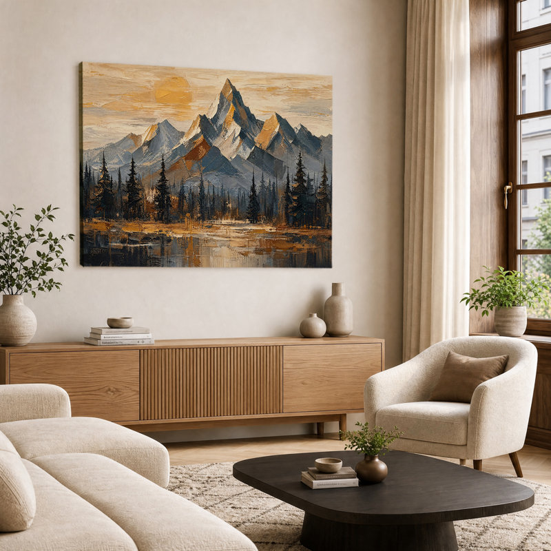 Horizontale soleil doré, montagne rocheuse, pin, lac, réflexion, sourdine, fond texturé neutre, impression sur toile, art mural plat, chalet de montagne rustique, décor, peinture