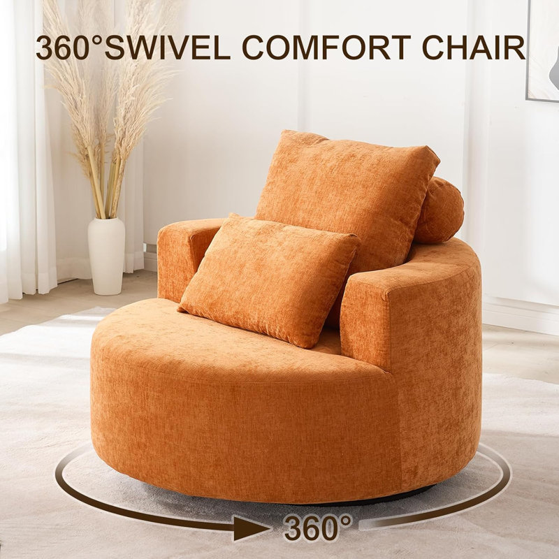 Oversized Barrel Accent Chair, 360° Swivel Round Upholstered Sofa, Chenille High-Resilience Sponge, No Assembly Wide Seat
