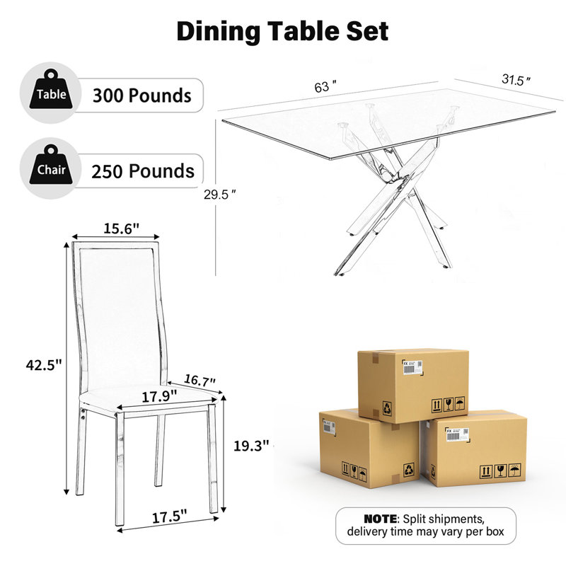 Rectangle Glass Pedestal Dining Set, White, 7, Gold