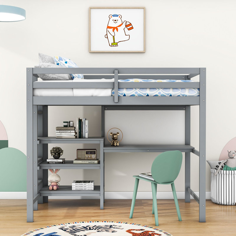 Orwell Twin Size Wooden Loft Bed with Shelves And Desk, Gray